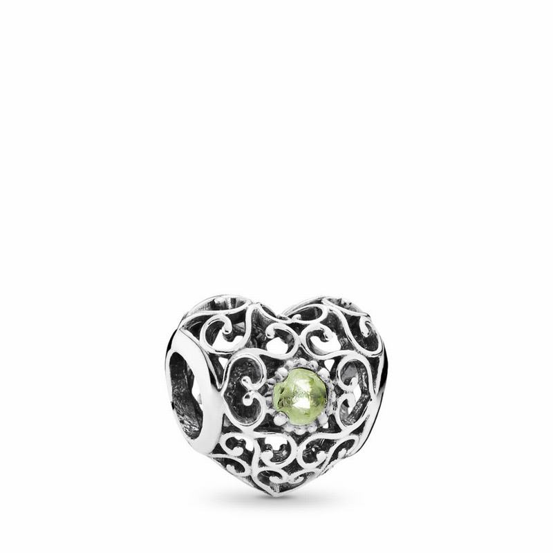 Pandora Australia August Signature Heart Charm with Peridot Birthstone - Sterling Silver | YBVIUH284